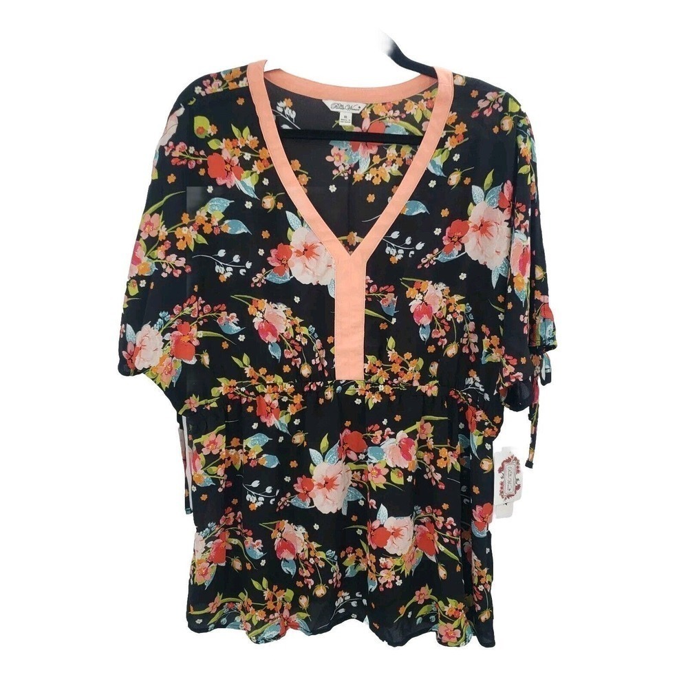 Pioneer Womens Floral Blouse Womens Size XL V Neck Cinched Waist Tie Sleeve Top